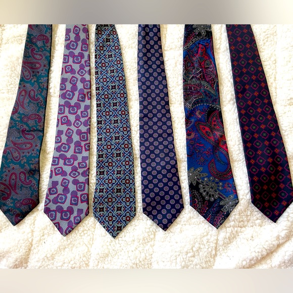 Collection of Six Designer Ties Shades of Blue Plum & Red Various Tie Patterns - Picture 1 of 9